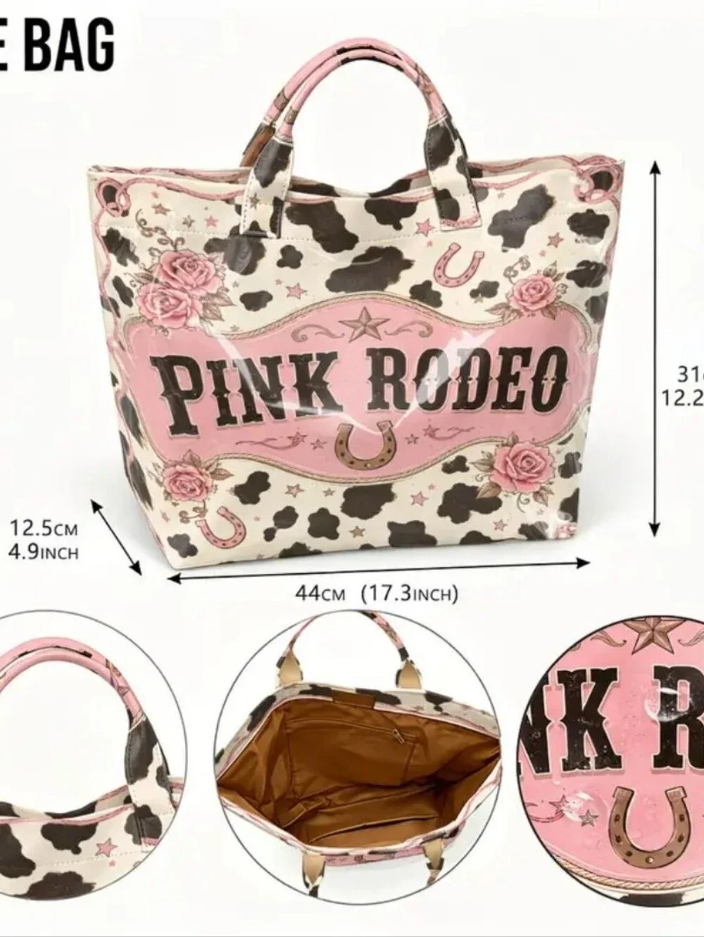 Women Westwrn Pink Cow Print Large PVC Daily Commute Bag